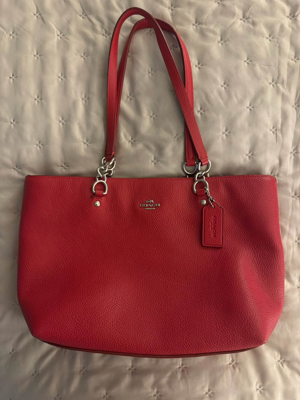 Coach bag "Sophia" Bright Red Pebbled Leather Tote with Silver Hardware